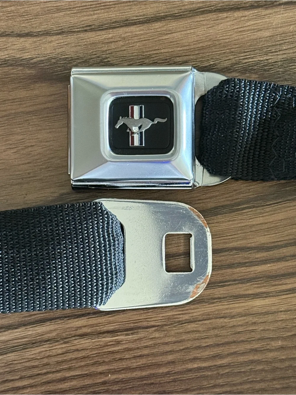 Ford Mustang Black Seatbelt-Style Belt with Chrome Pony Buckle